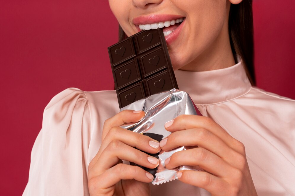 A imagem mostra uma mulher de blusa rosa de gola alta, mordendo uma barra de chocolate, em um fundo vermelho escuro.